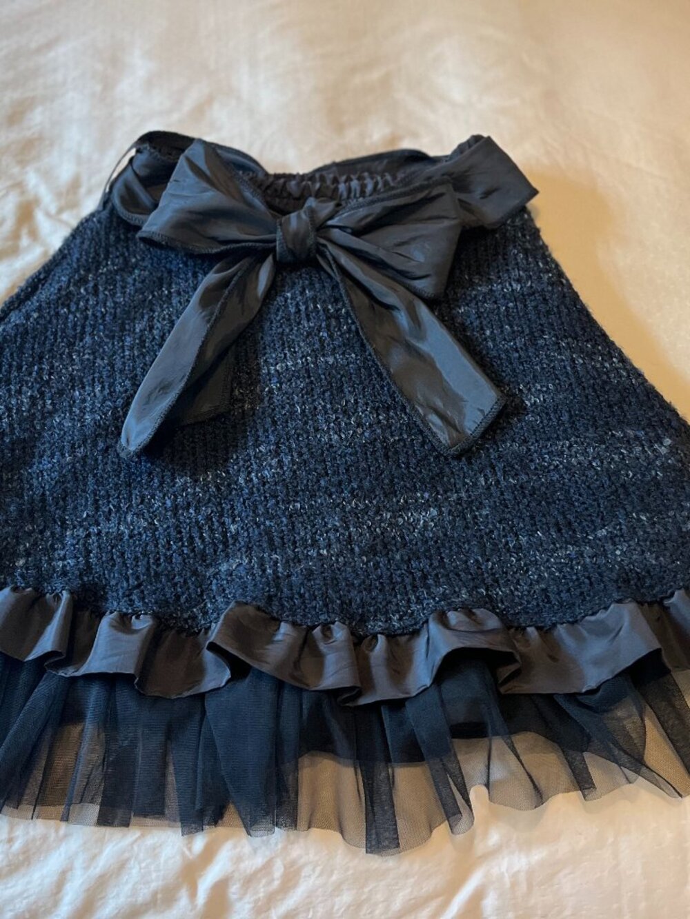Vintage Zone Bleue French Bouclé Knit Tulle Ruffle Skirt